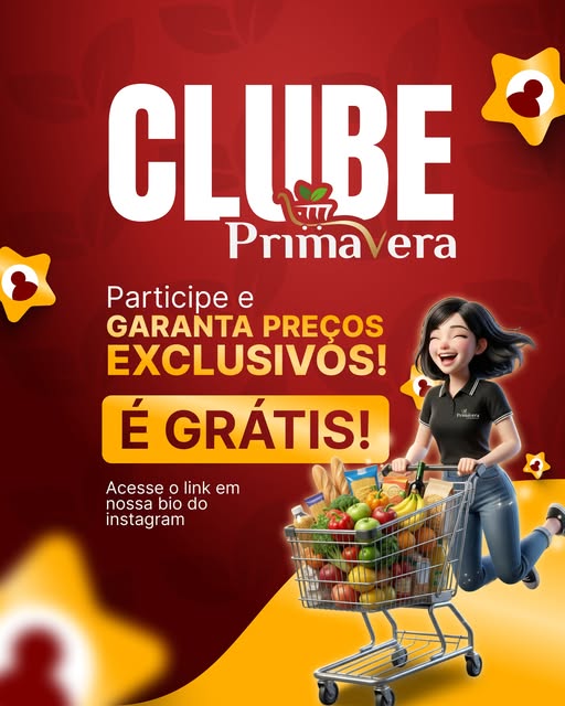 Peça oficial do Clube Primavera: cadastro gratuito e preços exclusivos, com a personagem da marca fazendo compras